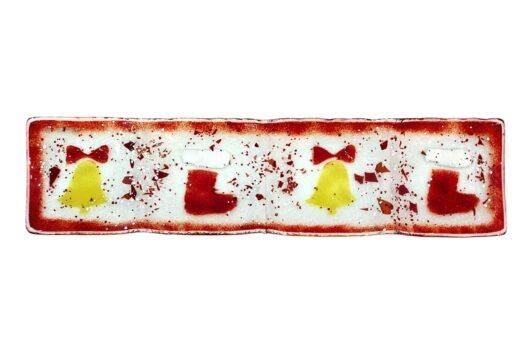 Christmas boots and bells slumped glass serving and decorating long dish from the Winter 2014 collection by Iris Glass