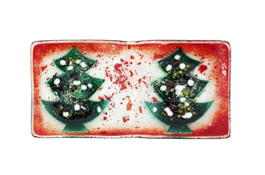 Christmas 2 slots square with trees on transparent with red border slumped glass serving and decorating long dish from the Winter 2014 collection by Iris Glass
