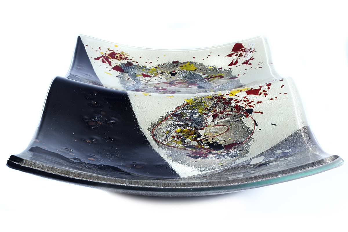 Black and white rectangular contemporary fused glass platter from the Zeus collection by Iris Glass