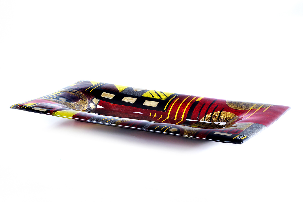 Red black and gold geometric fused glass rectangular platter from Harmony of the Spheres collection by Iris Glass