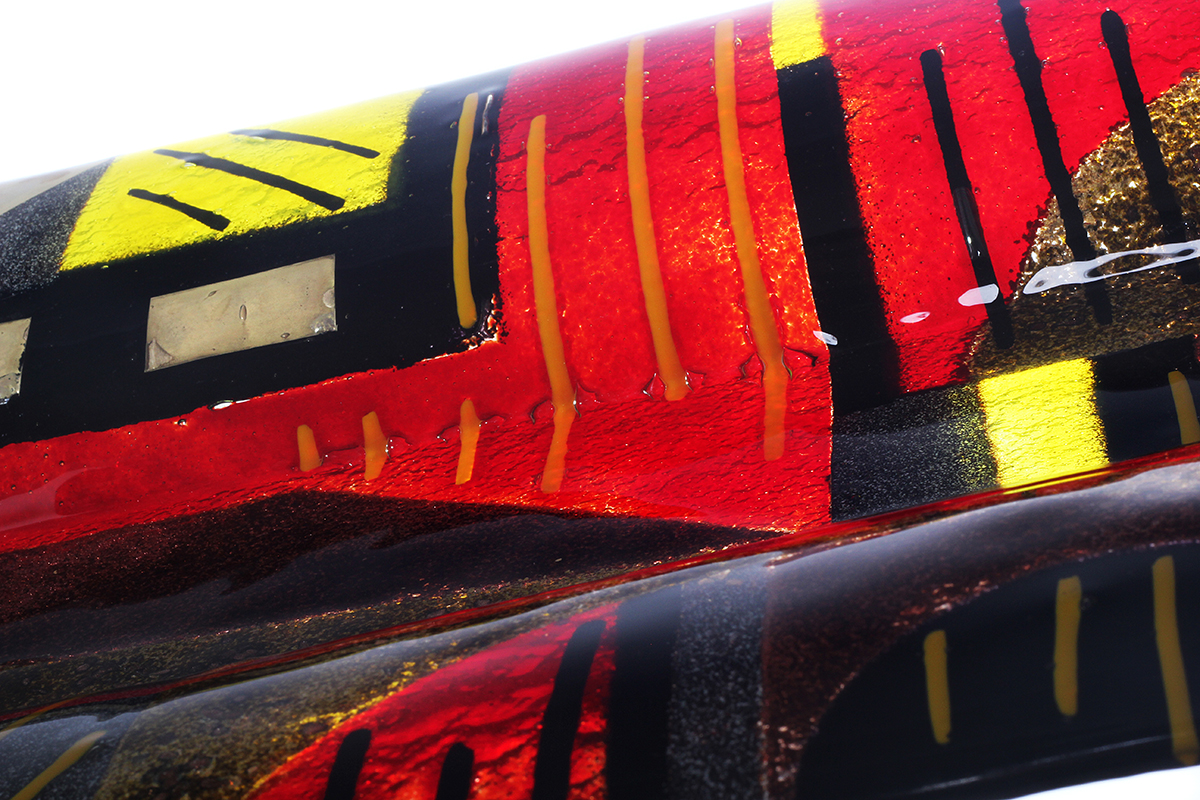 Red black and gold geometric fused glass rectangular platter from Harmony of the Spheres collection by Iris Glass