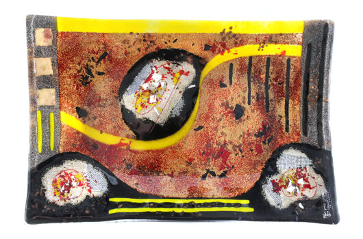 Brown red black and yellow fused glass rectangular platter from Hecate collection by Iris Glass