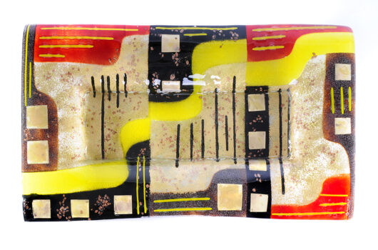 Gold and black geometric fused glass rectangular platter from Naxos collection by Iris Glass