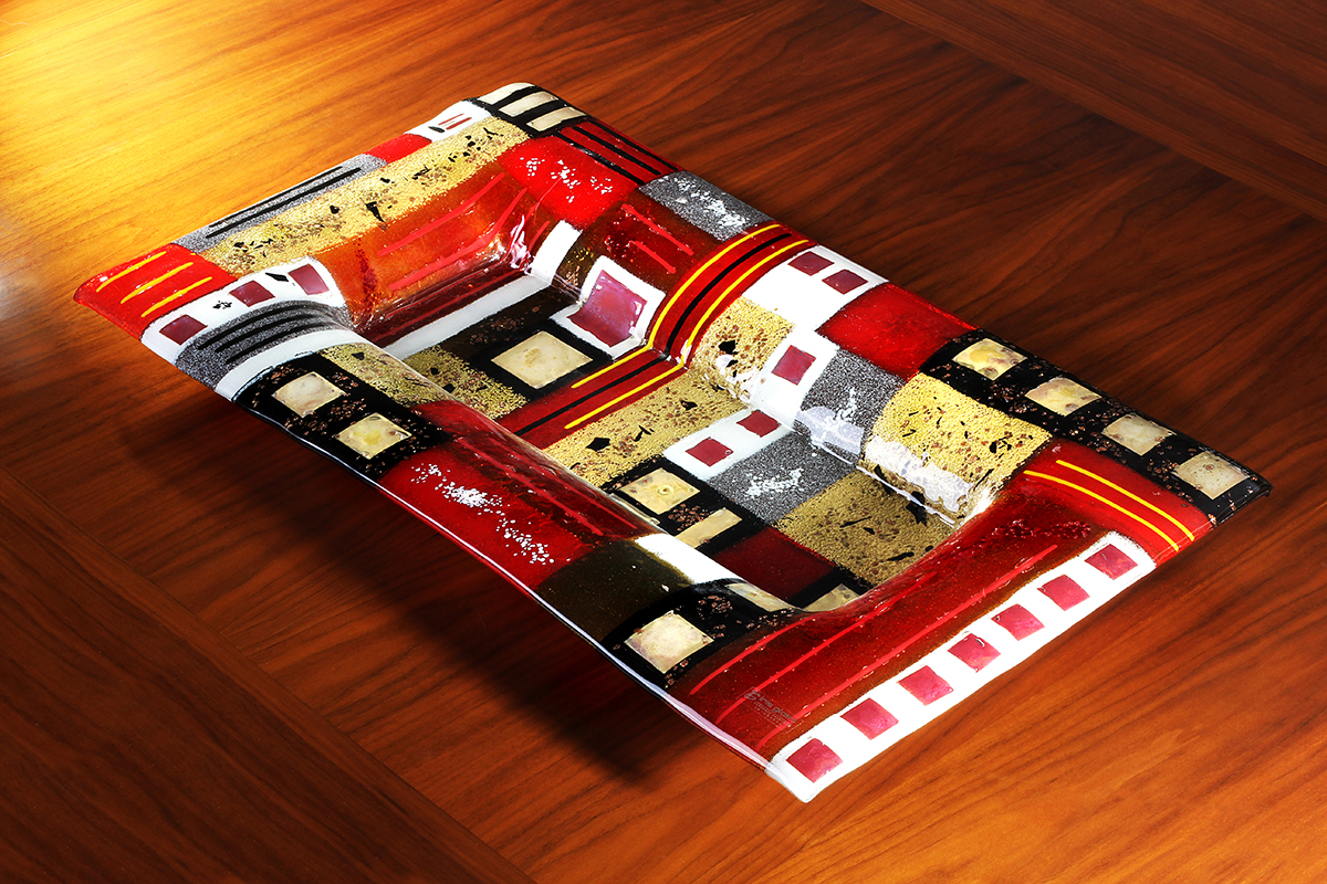 Red and gold geometric fused glass rectangular platter from Paros collection by Iris Glass