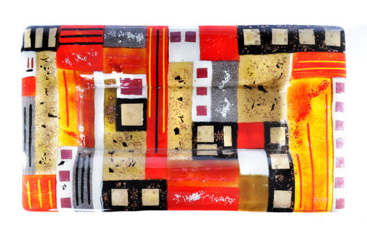 Red and gold geometric fused glass rectangular platter from Paros collection by Iris Glass