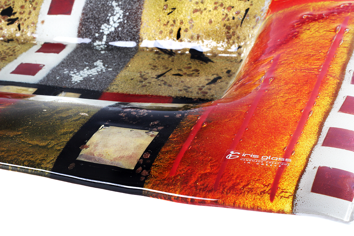 Red and gold geometric fused glass rectangular platter from Paros collection by Iris Glass