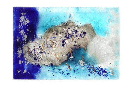 Blue with bubbles rectangular contemporary fused glass platter from the Poseidon collection by Iris Glass