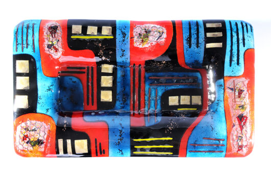 Red and blue geometric rectangular contemporary fused glass platter from the Santorini collection by Iris Glass