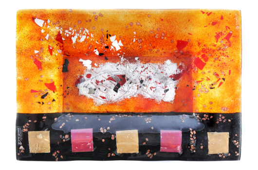 Amber and black geometric rectangular contemporary fused glass platter from the Troy: Dawn of War collection by Iris Glass