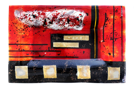 Red and black geometric contemporary fused glass platter from the Troy: The Downfall collection by Iris Glass
