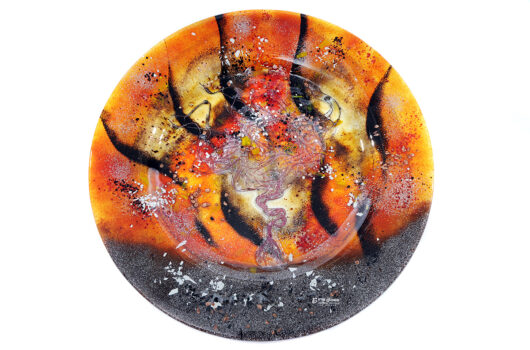 Amber sandy fused glass platter from the Aeolian Dunes collection by Iris Glass