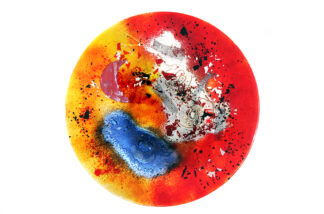 Red yellow and blue fused glass round plate from Ares collection by Iris Glass