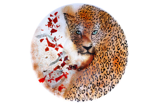 Hand painted leopard fused glass round plate from Eyes of the Hunter collection by Iris Glass