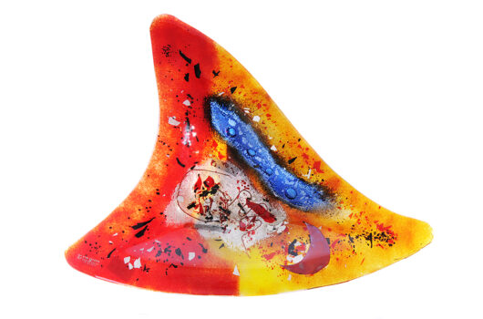 Red yellow and blue contemporary shark-fin fused glass platter from Ares collection by Iris Glass