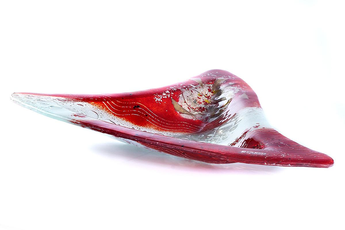 Red and white contemporary shark-fin fused glass platter from Hot Gates collection by Iris Glass
