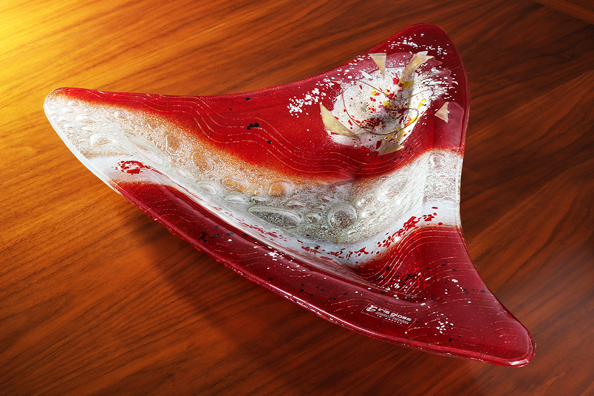 Red and white contemporary shark-fin fused glass platter from Hot Gates collection by Iris Glass