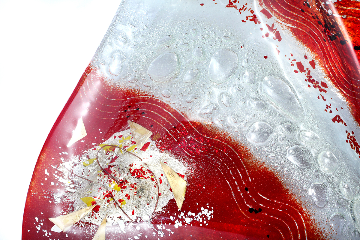 Red and white contemporary shark-fin fused glass platter from Hot Gates collection by Iris Glass