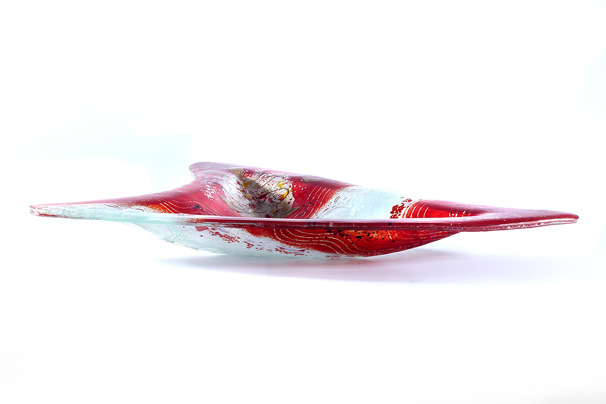 Red and white contemporary shark-fin fused glass platter from Hot Gates collection by Iris Glass