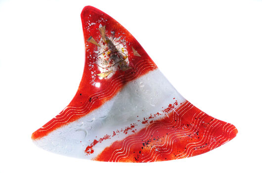 Red and white contemporary shark-fin fused glass platter from Hot Gates collection by Iris Glass