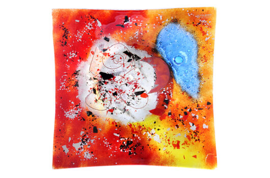 Red yellow blue square fused glass platter from Ares collection by Iris Glass