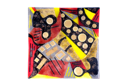 Gold black red geometric square fused glass platter from Cornucopia collection by Iris Glass
