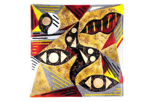 Gold and red geometric square contemporary fused glass platter from the Medusa collection by Iris Glass
