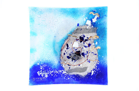 Blue silver with bubbles square contemporary fused glass platter from the Poseidon collection by Iris Glass