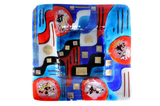 Red and blue geometric square contemporary fused glass platter from the Santorini collection by Iris Glass