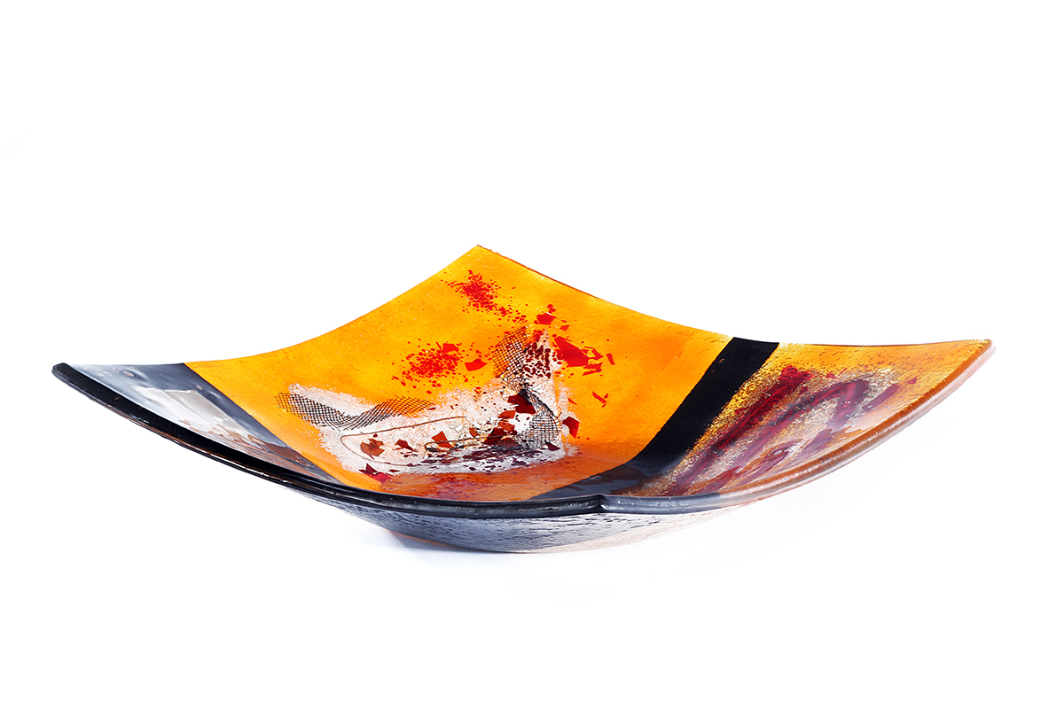 Amber and black geometric square contemporary fused glass platter from the Troy: Ilium Revealed collection by Iris Glass