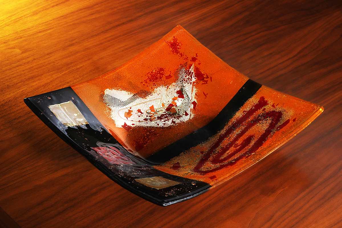 Amber and black geometric square contemporary fused glass platter from the Troy: Ilium Revealed collection by Iris Glass