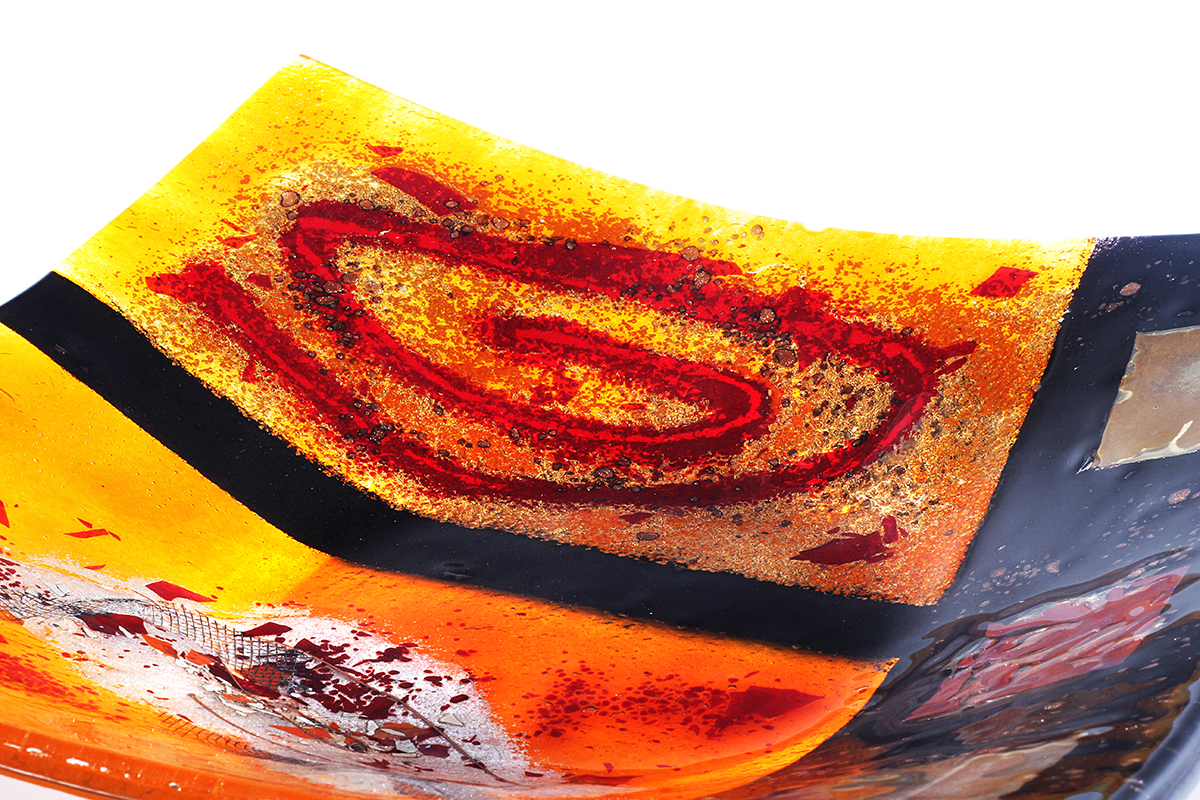 Amber and black geometric square contemporary fused glass platter from the Troy: Ilium Revealed collection by Iris Glass