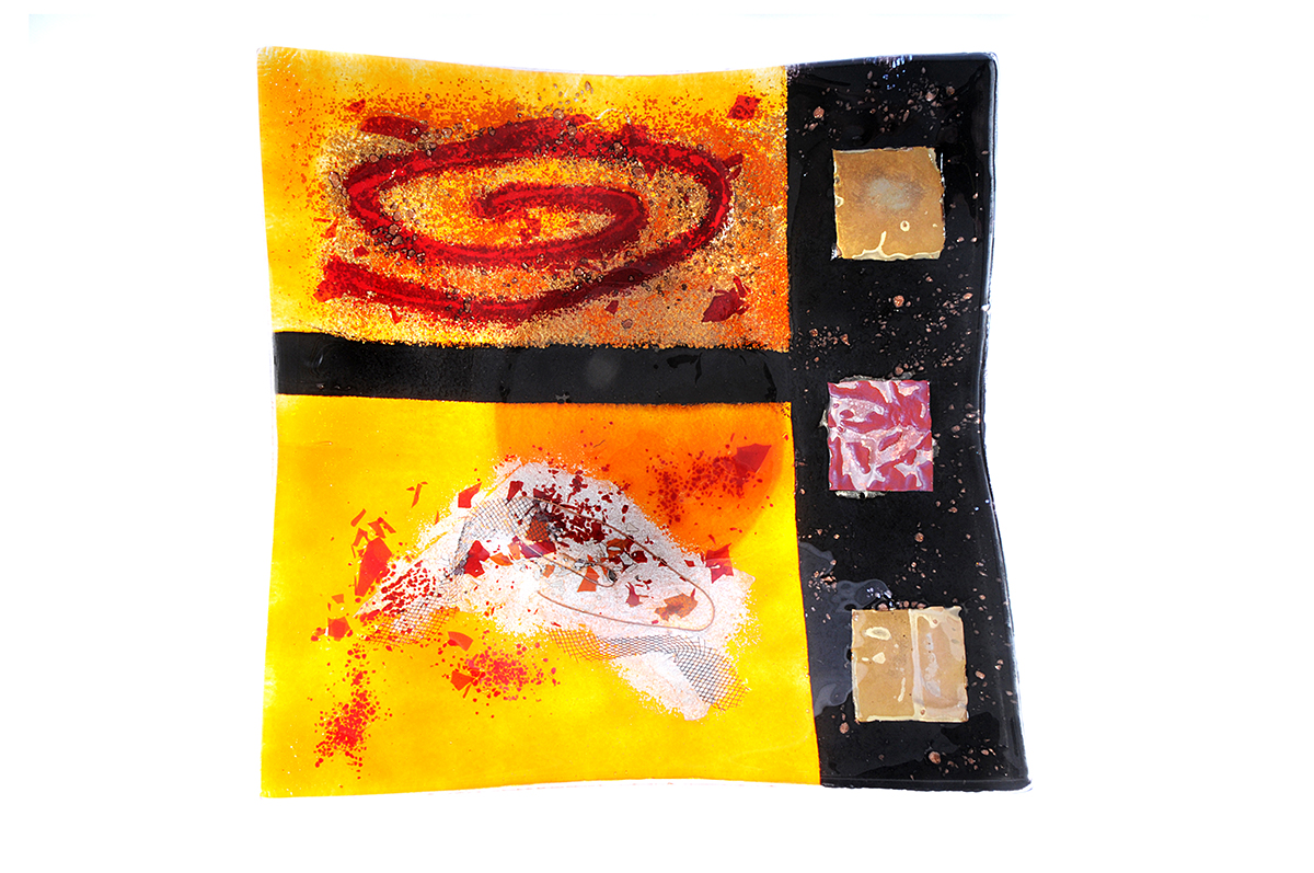 Amber and black geometric square contemporary fused glass platter from the Troy: Ilium Revealed collection by Iris Glass