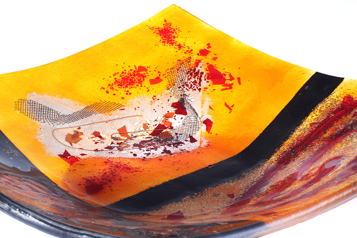Amber and black geometric square contemporary fused glass platter from the Troy: Ilium Revealed collection by Iris Glass