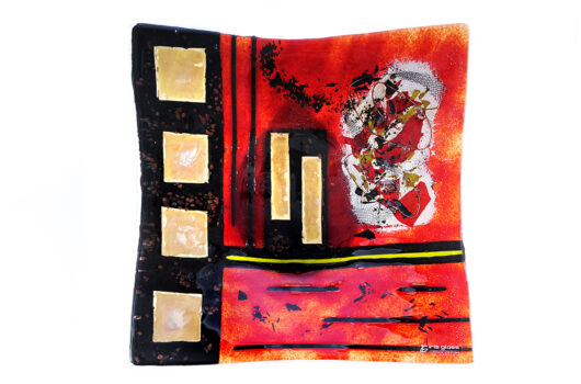Red and black geometric square contemporary fused glass platter from the Troy: The Downfall collection by Iris Glass