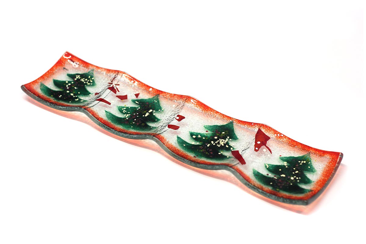 Christmas trees with snow slumped glass serving and decorating long dish from the Winter 2014 collection by Iris Glass