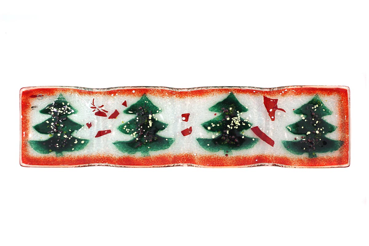 Christmas trees with snow slumped glass serving and decorating long dish from the Winter 2014 collection by Iris Glass