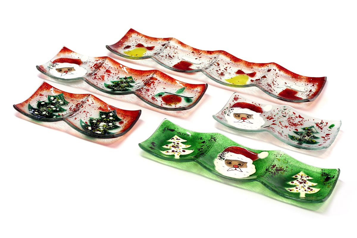 Christmas design 4 slots slumped glass serving and decorating long dish from the Winter 2014 collection by Iris Glass