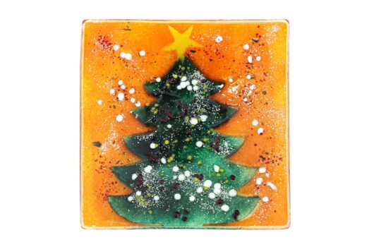 Christmas square with big tree on orange festive slumped glass serving and decorating dish from the Winter 2014 collection by Iris Glass