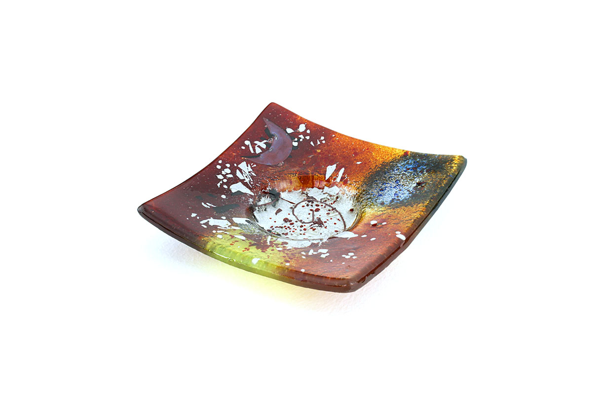 Red yellow blue handmade fused glass tea light candle holder from Ares collection