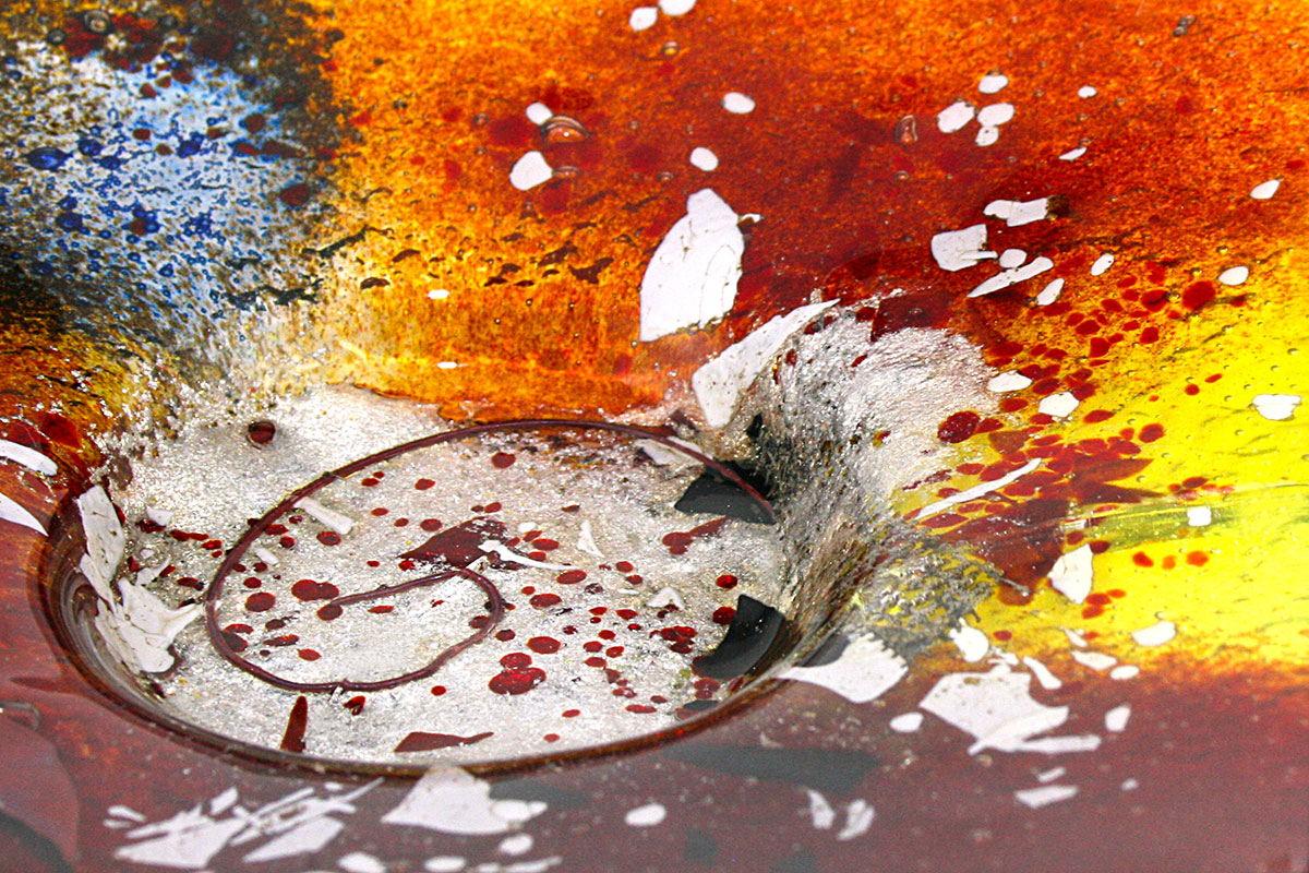 Red yellow blue handmade fused glass tea light candle holder from Ares collection