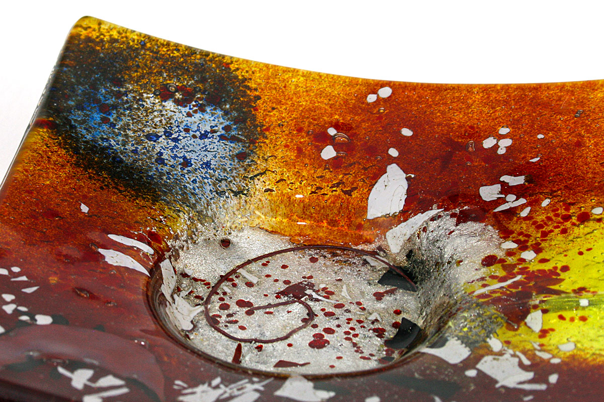 Red yellow blue handmade fused glass tea light candle holder from Ares collection