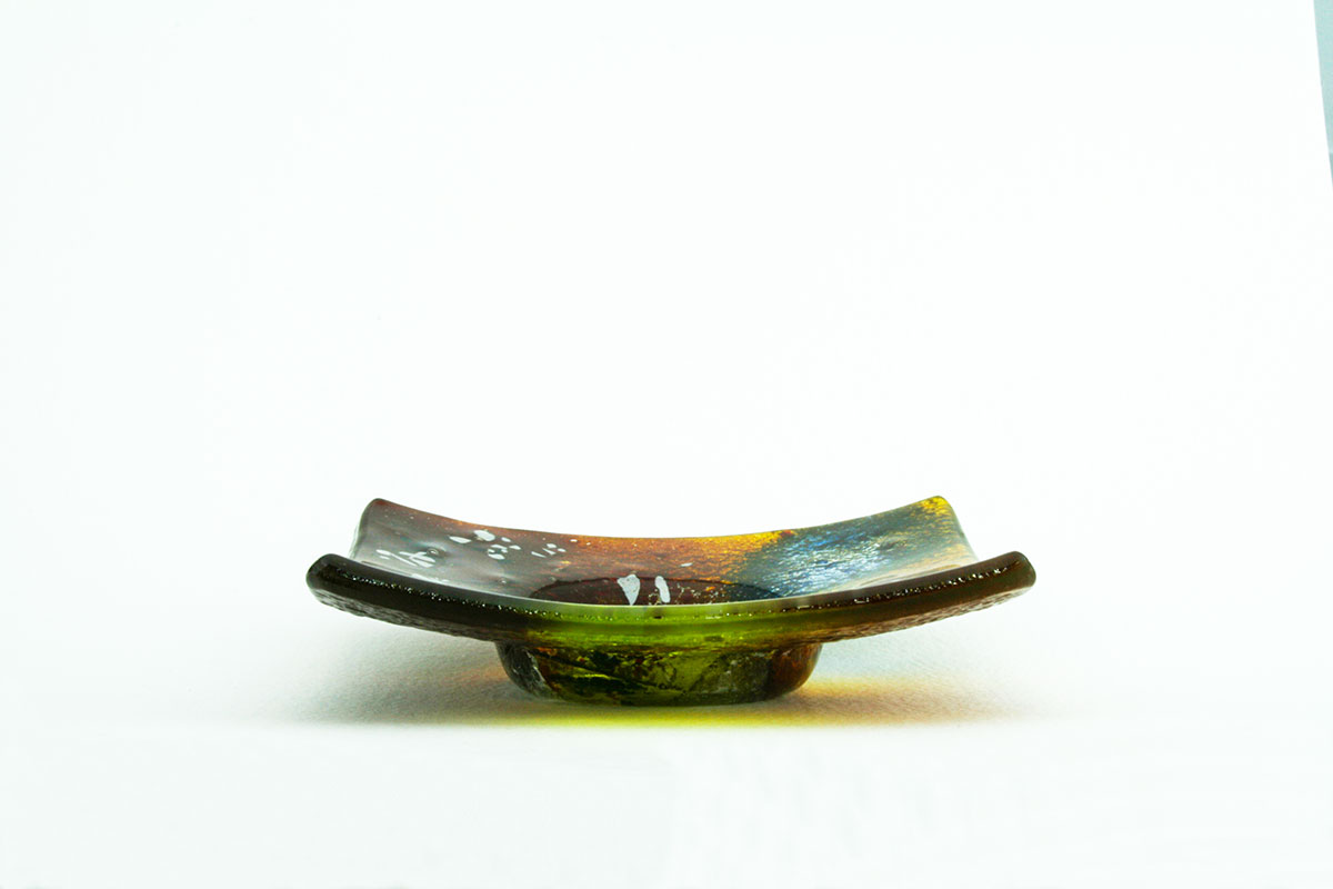 Red yellow blue handmade fused glass tea light candle holder from Ares collection