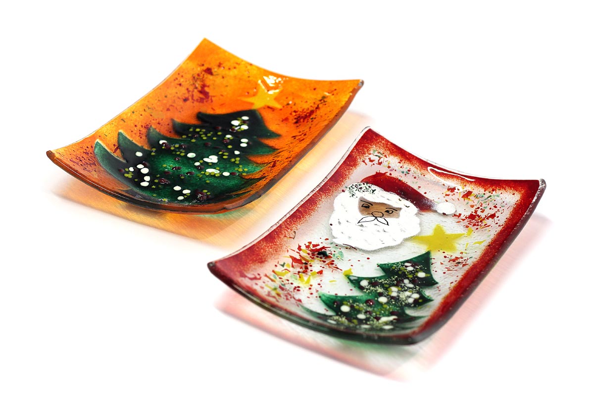 Christmas rectangular festive green tree Santa and snow slumped glass dishes from the Winter 2014 collection by Iris Glass
