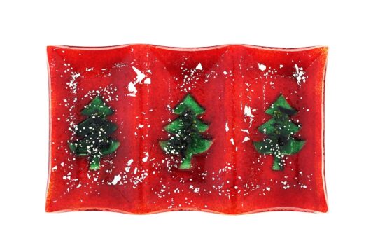 Christmas rectangular dish with trees green on red slumped glass serving and decorating long dish from the Winter 2014 collection by Iris Glass