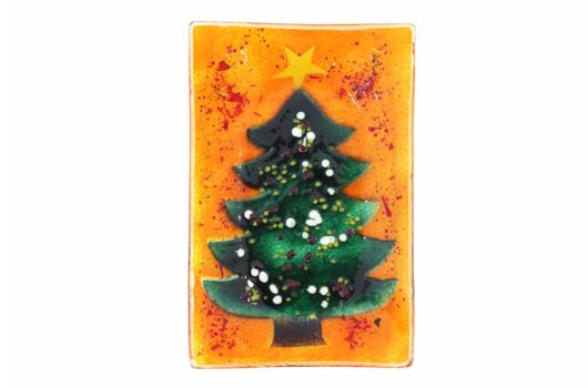 Christmas rectangular festive orange with green tree and snow slumped glass dish from the Winter 2014 collection by Iris Glass