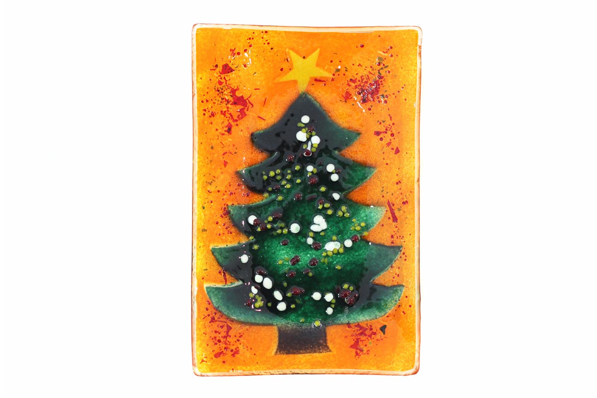 Christmas rectangular festive orange with green tree and snow slumped glass dish from the Winter 2014 collection by Iris Glass