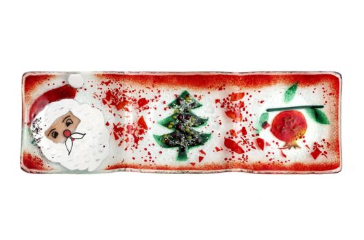 Christmas Santa Tree and Pomegranate slumped glass serving and decorating long dish from the Winter 2014 collection by Iris Glass