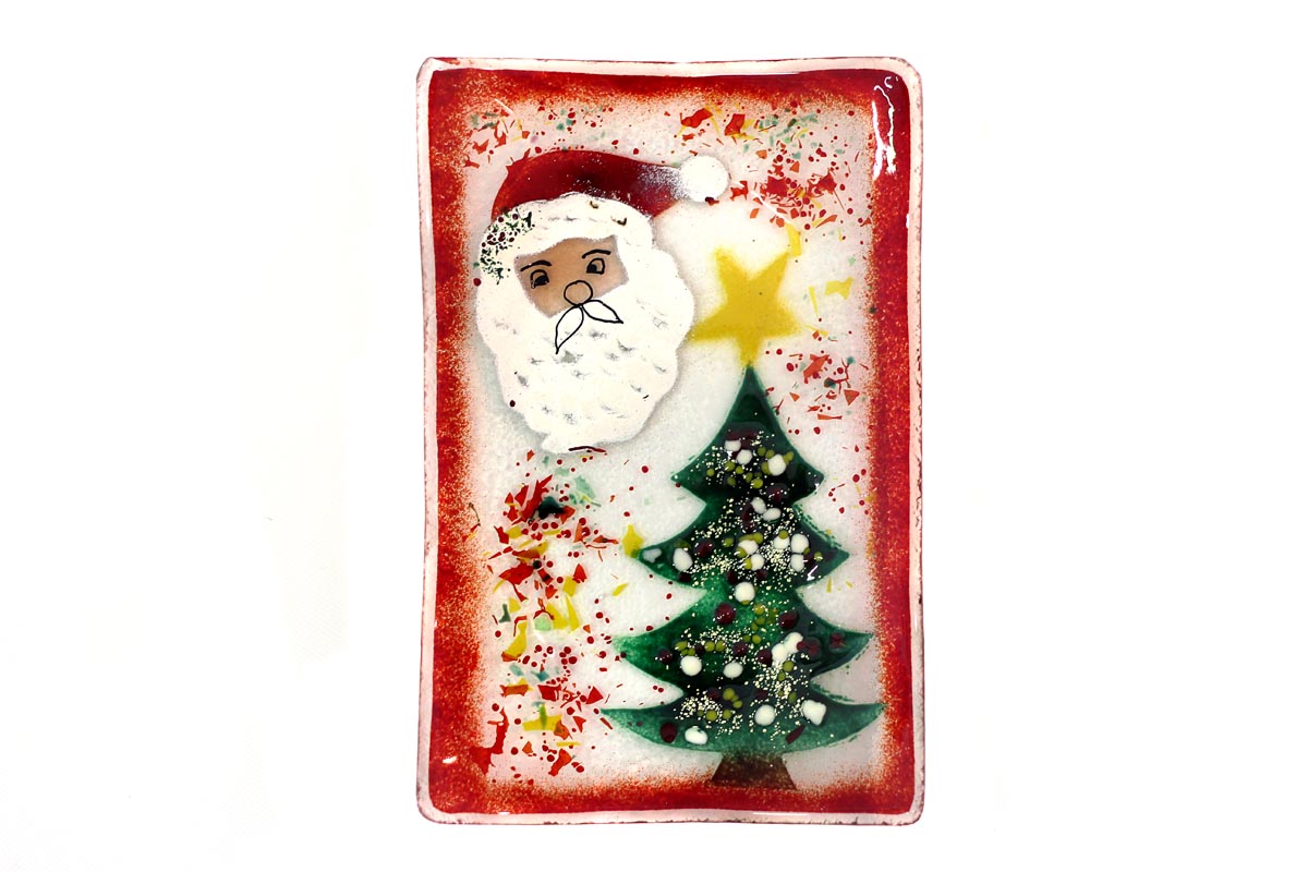 Christmas rectangular festive transparent with red border green tree Santa and snow slumped glass dish from the Winter 2014 collection by Iris Glass