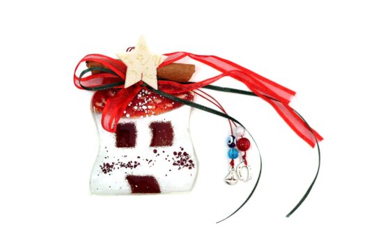 Christmas tree ornament little snowed house red and white slumped glass decorating from the Winter 2014 collection by Iris Glass