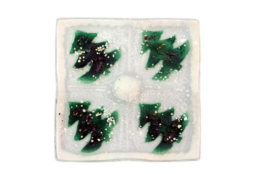 Christmas trees with snow slumped glass serving and decorating platters from the Winter 2014 collection by Iris Glass